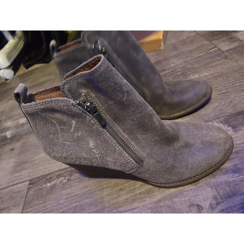 Lucky Brand Womens Yesterr Wedge Booties Gray Leather Ankle Mid High Heel Sz 9